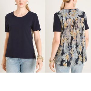 Womens CHICO'S Floral Pleated Back Knit Top Size 2 (12/14) Classic Navy NWT